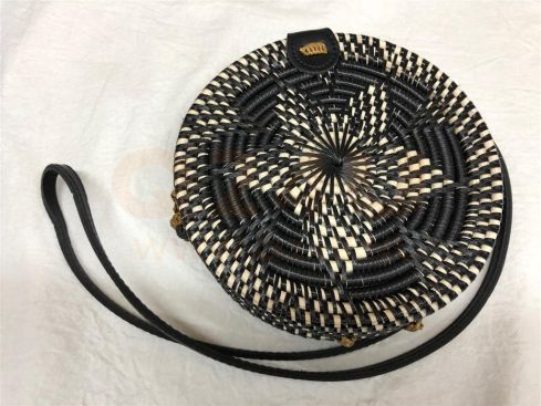 Rotan damestas zwart - wit, 18 cm rond, met schouderband