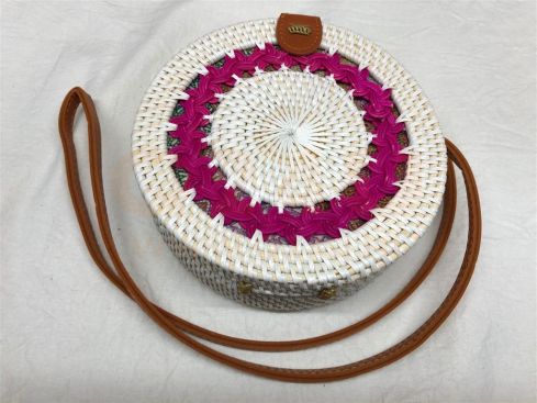 Rotan damestas wit - roze, 18 cm rond, met schouderband