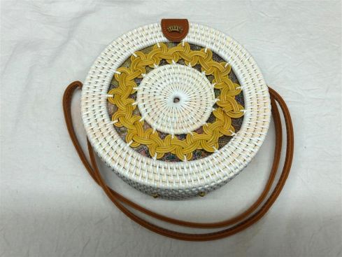 Rotan damestas wit - greel, 18 cm rond, met schouderband