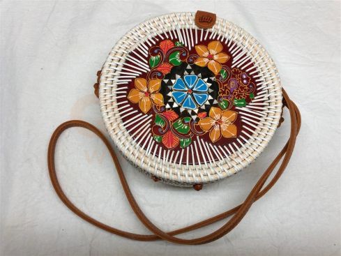 Rotan damestas wit - met houten inleg, 20 cm rond, met schouderband