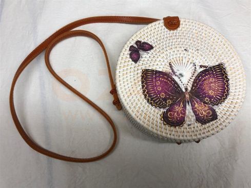 Rotan damestas wit - met vlinder, 20 cm rond, met schouderband