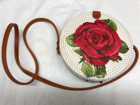 Rotan damestas wit - met roos, 20 cm rond, met schouderband