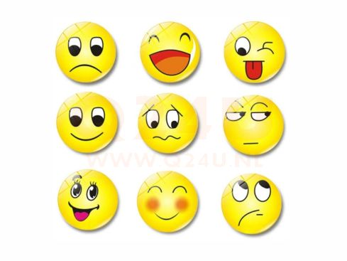 Koelkastmagneten smileys set, 9 stuks. 3 cm doorsnee.