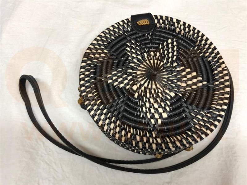 Rotan damestas zwart - wit, 18 cm rond, met schouderband