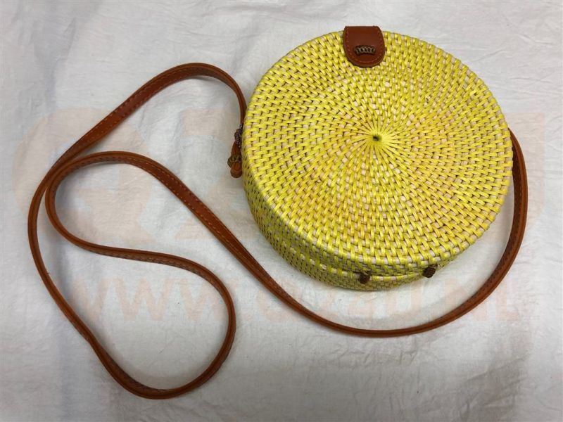 Rotan damestas geel - wit, 18 cm rond, met schouderband