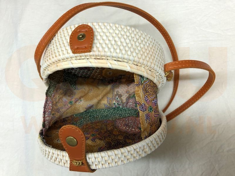 Rotan damestas wit - bruin, 18 cm rond, met schouderband