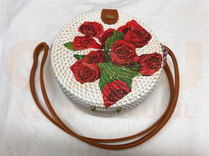 Rotan damestas wit - met roos, 18 cm rond, met schouderband
