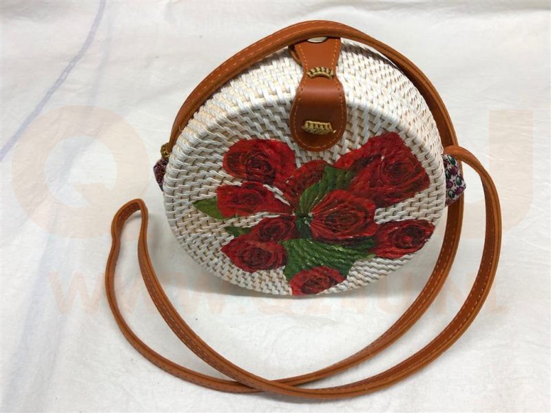 Rotan damestas wit - met roos, 18 cm rond, met schouderband