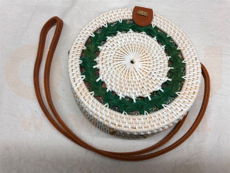 Rotan damestas wit - groen, 18 cm rond, met schouderband