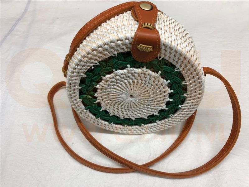 Rotan damestas wit - groen, 18 cm rond, met schouderband