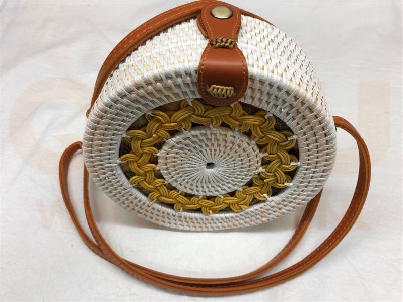 Rotan damestas wit - greel, 18 cm rond, met schouderband