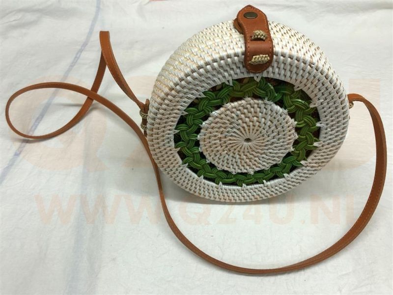 Rotan damestas wit - groen, 20 cm rond, met schouderband