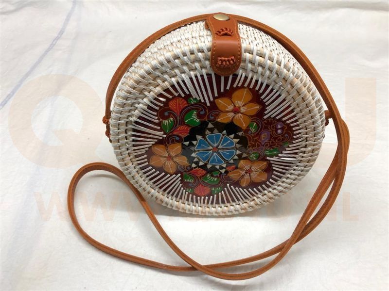 Rotan damestas wit - met houten inleg, 20 cm rond, met schouderband