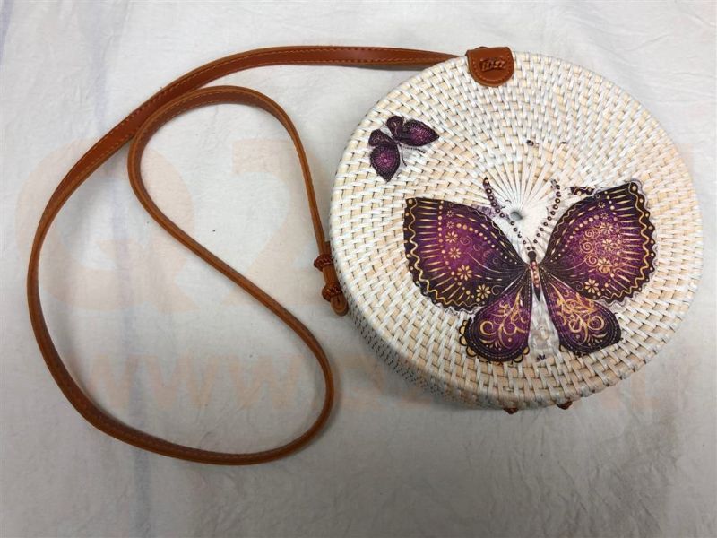 Rotan damestas wit - met vlinder, 20 cm rond, met schouderband