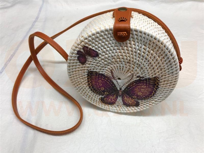 Rotan damestas wit - met vlinder, 20 cm rond, met schouderband