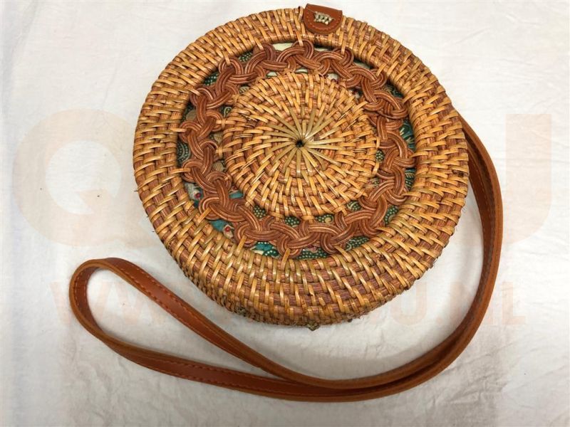 Rotan damestas bruin hout kleur, 20 cm rond, met schouderband