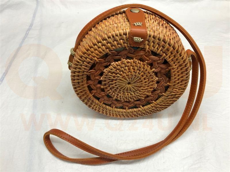 Rotan damestas bruin hout kleur, 20 cm rond, met schouderband