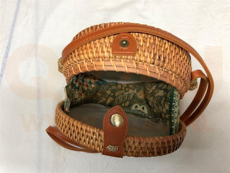 Rotan damestas bruin hout kleur, 20 cm rond, met schouderband