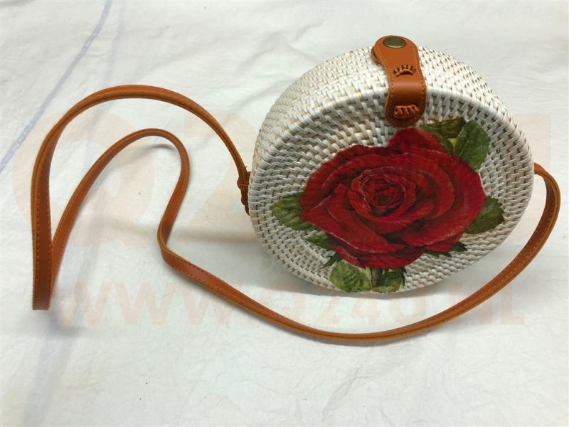 Rotan damestas wit - met roos, 20 cm rond, met schouderband
