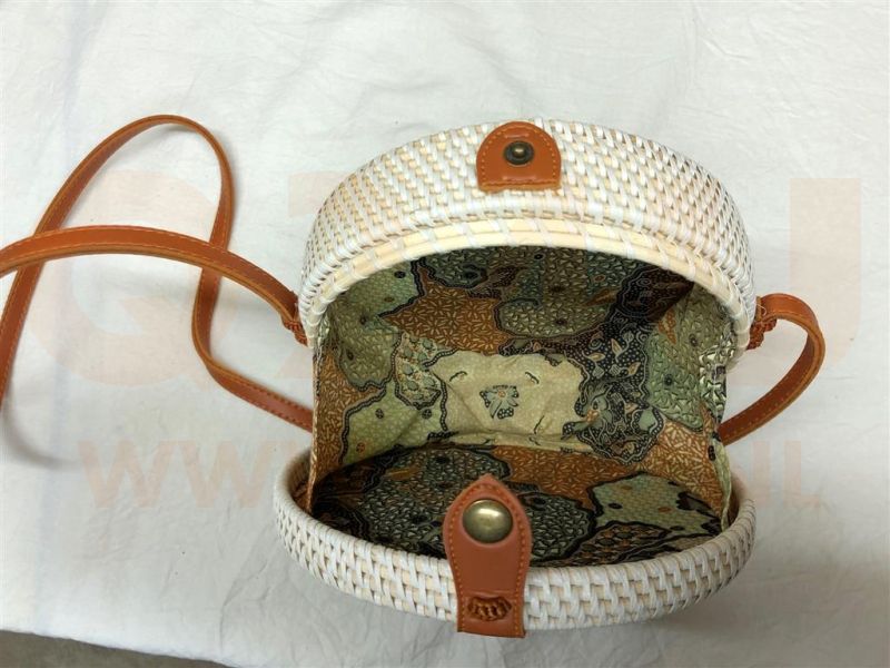 Rotan damestas wit - met roos, 20 cm rond, met schouderband