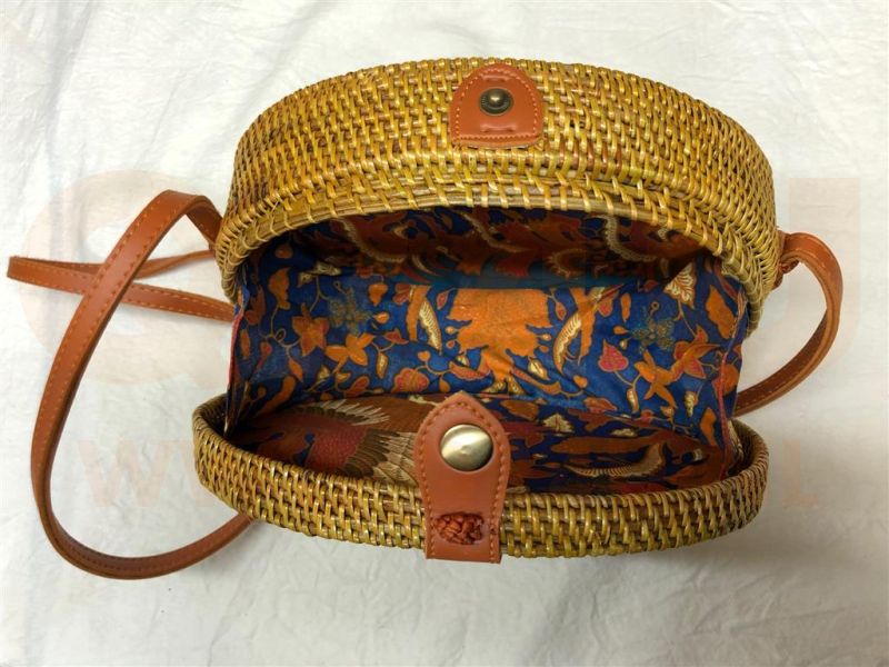 Rotan damestas bruin hout kleur, 23x19 cm ovaal, met schouderband