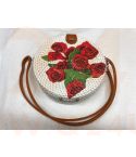 Rotan damestas wit - met roos, 18 cm rond, met schouderband