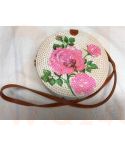 Rotan damestas wit - bloemen, 20 cm rond, met schouderband