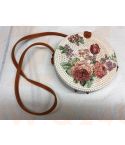 Rotan damestas wit - bloemen, 20 cm rond, met schouderband