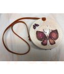 Rotan damestas wit - met vlinder, 20 cm rond, met schouderband