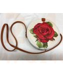 Rotan damestas wit - met roos, 20 cm rond, met schouderband